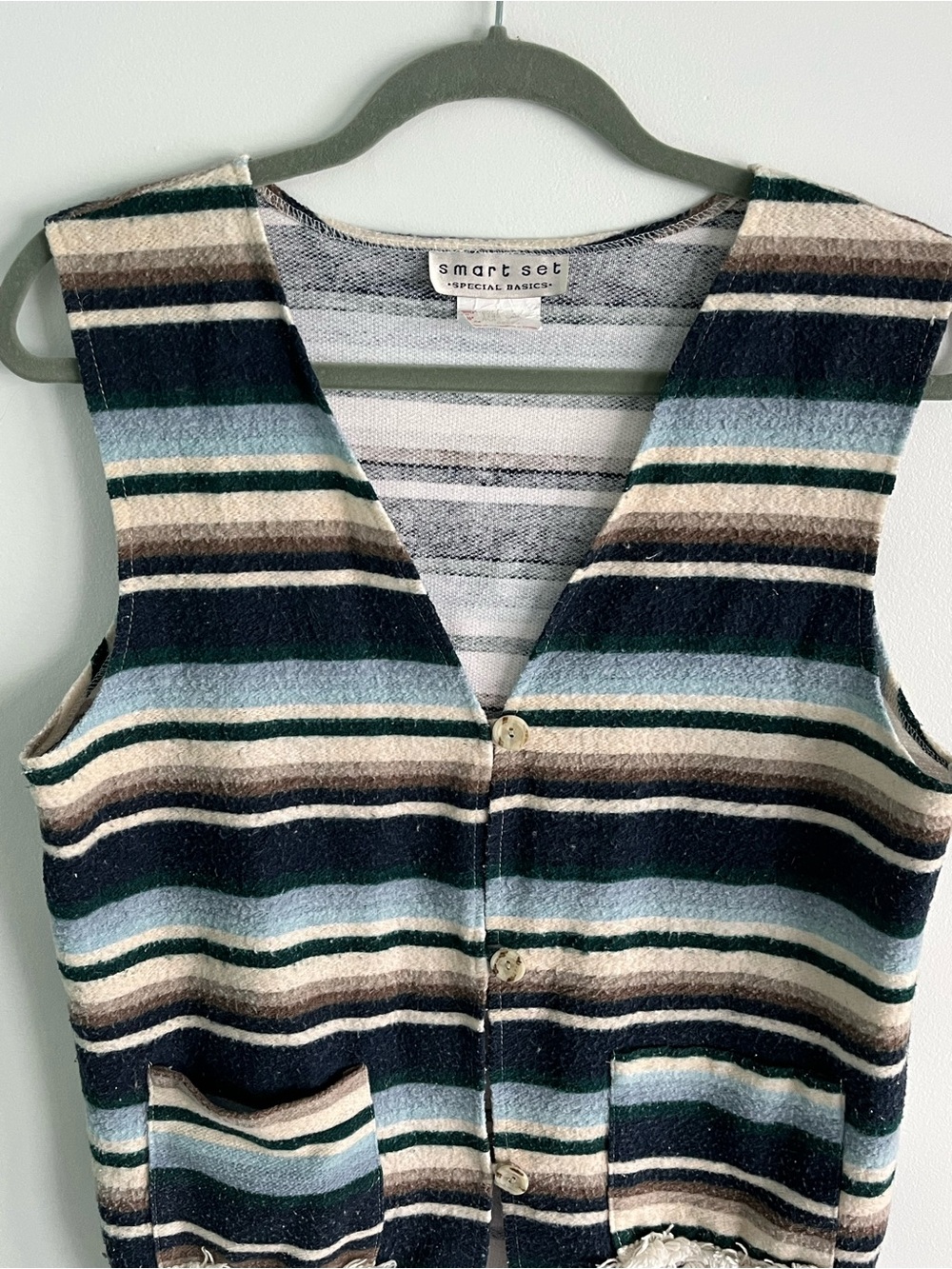 Vintage Coastal Cowgirl Striped Fringe Button-Front Vest Y2K Surfer Tapestry - Picture 2 of 12